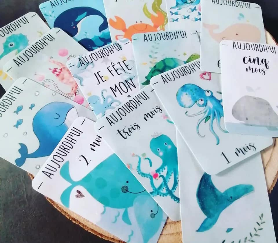 Cartes étapes bébé _ thème animaux de la mer