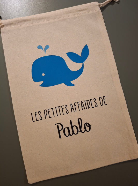 🐳 Sac “Les petites affaires de Prénom” – Baleine bleue